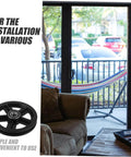 Pro Grade Heavy Duty Roller Guide Wheel Set for Sliding Doors and Barn Door Tracks next to a window with a couch and hammock outside.
