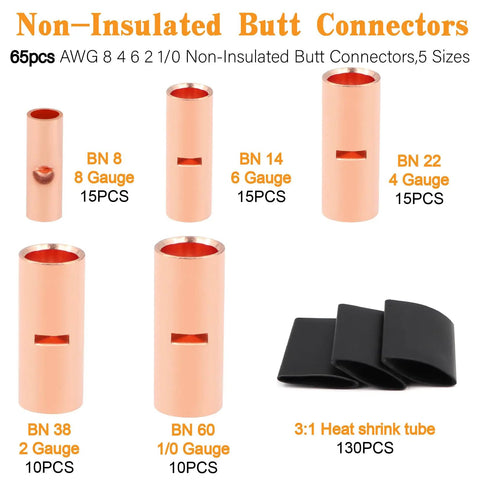 All In One Battery Terminal Kit With 260 Pcs AWG 8 To AWG 1 0 Bare Copper Ring Terminals Non Insulated Butt Connectors on display