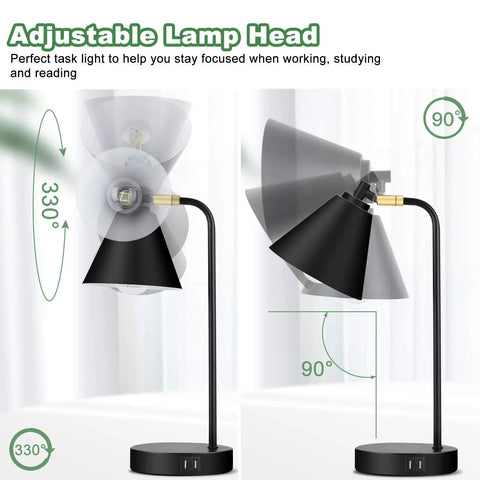 3 Way Dimmable Touch Desk Lamp With 2 USB Ports And AC Outlet, Farmhouse Black Table Lamp with adjustable flexible head