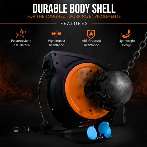 Cord Reel Extension 12AWG 50 Ft With Triple Tap Connector IP64 Waterproof Rated 15A 1875W heavy-duty design feature.