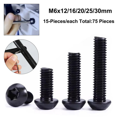 Top Shelf 75 Piece M6 Button Head Torx Machine Screw Kit Featuring Rock Solid Grade 10.9 Alloy Steel Construction And Black Oxide Finish, Includes T30 Hex Wrench For Heavy Duty Automotive Repairs with various screw lengths.