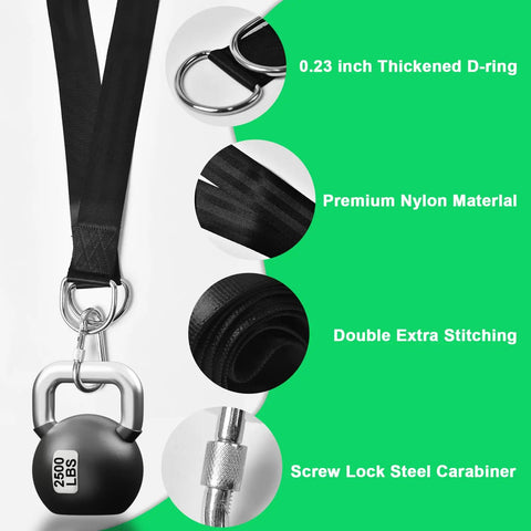 Close-up of Heavy Duty Tree Swing Straps Kit 2200 Lb Capacity, highlighting D-ring, nylon material, stitching, and carabiner hook.