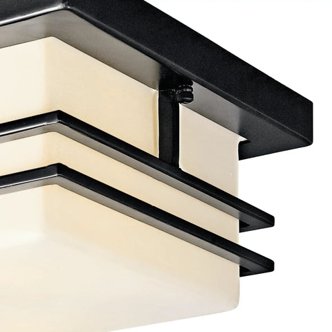 Close-up of Outdoor Semi Flush Light With A Slick Black Finish, 2 Light Exterior Ceiling Light With Satin Etched Cased Opal Glass