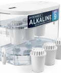Go To Alkaline Countertop Water Filter Dispenser With 53 Cup Capacity Mineralized Water Up To PH 9 BPA Free White Finish Three Filters Included