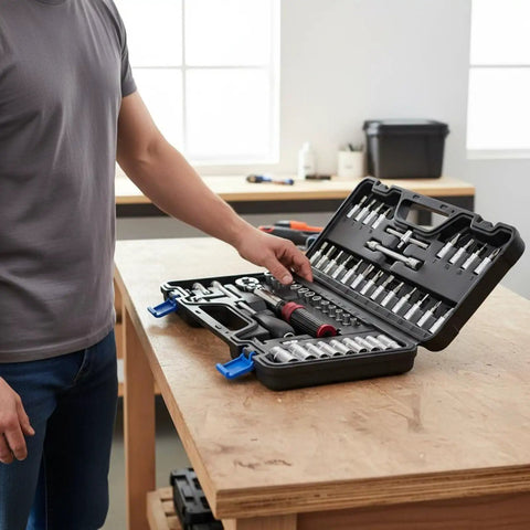 51 Piece Ratchet Socket Set With Multiple Sockets, Adjustable Tension Wrench, Handy Case on a workbench in a garage setting