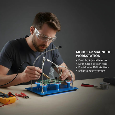 Man using Six Flexible Arms Magnetic Soldering Station With PCB Holders And Third Hand Tool for precision electronic repair.