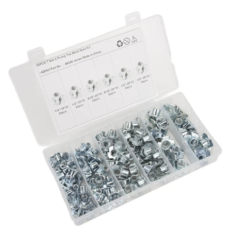110 Piece Pronged Tee Nuts Set With Galvanized Steel Three Eighths Inch Size for Wood and Wet Environments in Box