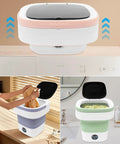 Hella Efficient Compact Foldable Mini Washer With Slick Drainage Setup And Pure Copper Motor Plus Gentle Handwash Simulation For Delicates And Baby Clothes Green Finish on a countertop.