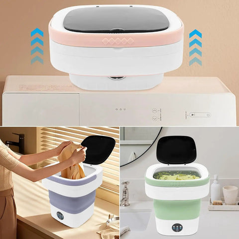 Hella Efficient Compact Foldable Mini Washer With Slick Drainage Setup And Pure Copper Motor Plus Gentle Handwash Simulation For Delicates And Baby Clothes Green Finish on a countertop.