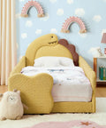 3D Dino Headboard Kids Bed With Safety Guardrails, Double Size, Solid Wood Frame, Raised Padded Rails, Terry Cloth Fabric Upholstery