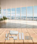 Aluminum 3D Adjustable Door Flag Hinge with Silent Close Buffer for Double Glazed Doors, white finish on wood surface