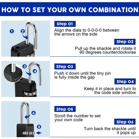 Instructions for setting 3-digit combination on waterproof compact luggage padlocks for backpacks and suitcases.