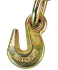 Close-up of grab hook on Beefy Ratchet Style Load Binder With Two Grab Hooks 7100 Lb Safe Working Load Fits 5/16 Or 3/8 Inch Grade 70 And Grade 80 Chain Forged Steel Pawl And Gear For Safe, Easy Tie Down.