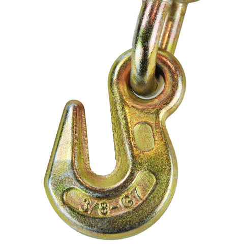 Close-up of grab hook on Beefy Ratchet Style Load Binder With Two Grab Hooks 7100 Lb Safe Working Load Fits 5/16 Or 3/8 Inch Grade 70 And Grade 80 Chain Forged Steel Pawl And Gear For Safe, Easy Tie Down.
