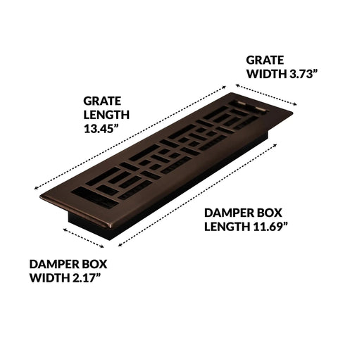 Oriental Style Floor Register 2x12 Inches Rubbed Bronze Finish Steel Decorative Grate dimensions labeled for HVAC Ducts