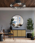 Dope Industrial Black Caged Ceiling Fan With Lights 20 Inch in modern living room with mirror and plants