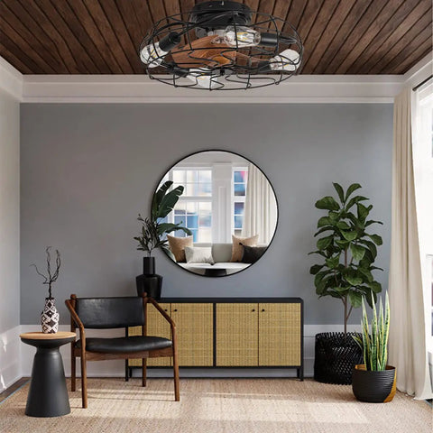 Dope Industrial Black Caged Ceiling Fan With Lights 20 Inch in modern living room with mirror and plants