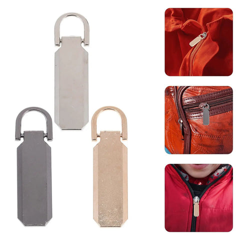 Heavy Duty Metal Zipper Pull Tabs Replacement Set With Super Straightforward Tool Free Install For Jacket Fixes Clothing Repairs And Gear Upgrades In A Compact 12 Piece Pack That Gives You Zero Sweat Quick Repairs Every Single Time - Three zipper pulls in silver, black, and gold colors, showcasing their easy installation on jackets.