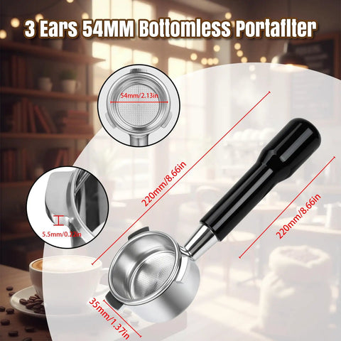 54mm Bottomless Portafilter for Barista Express and Breville Espresso Machines BES870XL BES840XL BES878 BES880BSS BES881BSS BES450BSS and More Pro Level Shot Quality Cleaner Flow Easy Dial In for Home Baristas, 3-ear 304 steel