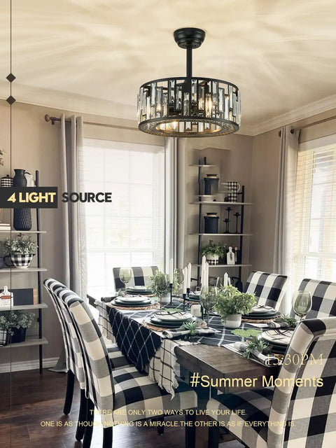 Dining room with plaid chairs, rustic table, and modern 4-light ceiling fixture, daylight streaming through large windows.