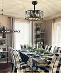 Dining room with checkered chairs and a Dope Crystal Caged Bladeless Ceiling Fan Light Sleek Modern Black Fandelier