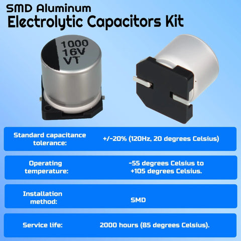 400 Piece Aluminum Electrolytic Capacitors Assortment Kit With 24 Values For SMD And Through Hole Circuits, close-up of SMD capacitor