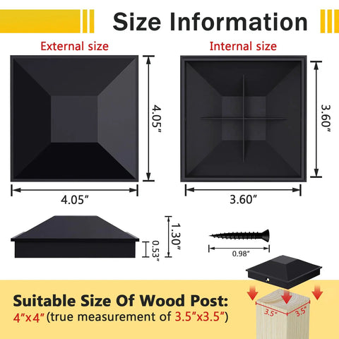 Black 3.5 By 3.5 Inch Post Caps For Wood Fence And Deck Posts 12 Pack With 24 Screws Easy Install Waterproof Plastic Caps