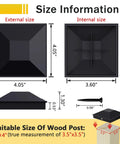 Top Shelf Black Metal 4X4 Post Caps For Deck Railings And Wooden Fences dimensions and fitting guide with screw included.