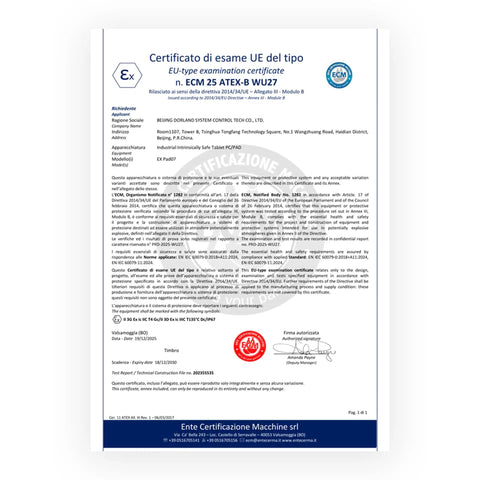 Heavy Duty ATEX Explosion Proof Industrial Tablet certification document detailing EU-type examination compliance for safety standards.