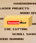 TomatoWed yellow logo box on wood surface with bold woodworking text in the background