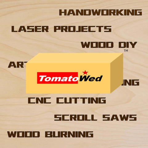 TomatoWed yellow logo box on wood surface with bold woodworking text in the background