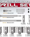 Front view of DAIMIT concrete hole saw kit with SDS Plus/Max arbors; 20 pieces including 110mm bits and core cutters, 30–110mm sizes