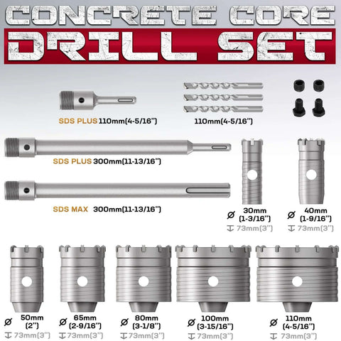 Front view of DAIMIT concrete hole saw kit with SDS Plus/Max arbors; 20 pieces including 110mm bits and core cutters, 30–110mm sizes