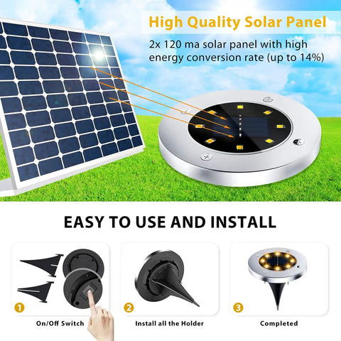12 Pack 8 LED Solar Garden Lights Outdoor Waterproof IP65 Disk Landscape Pathway Yard Deck Walkway Warm White Rechargeable Solar