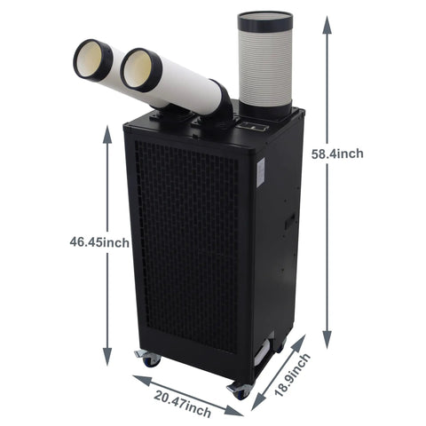 Heavy Duty 15400 Btu Portable Spot Cooler With Dual Exhaust Setup and Rapid Airflow, measuring 58.4x20.47x18.9 inches.