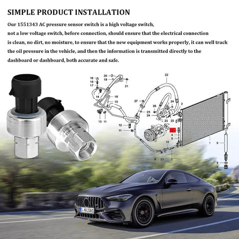 AC Pressure Sensor Switch Replacement OEM 1551343 13587668 Direct Fit shown with install diagram and car in background