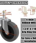 Heavy Duty 4 Inch Swivel Casters Featuring No Sweat Setup, Smooth Rubber Utility Cart Replacement Wheels, Top Shelf Quality Rollers For Mop Buckets And Shop Vac Gear, Solid Gangbusters Performance with dimensions.