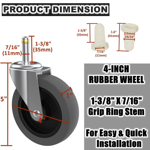 Heavy Duty 4 Inch Swivel Casters Featuring No Sweat Setup, Smooth Rubber Utility Cart Replacement Wheels, Top Shelf Quality Rollers For Mop Buckets And Shop Vac Gear, Solid Gangbusters Performance with dimensions.