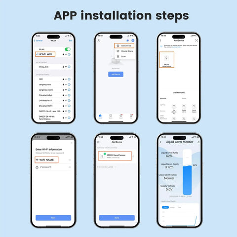 Smart WiFi Water Level Sensor With Ultrasonic Transmitter And Remote Alarm Gateway For Smart Life App, IP67 Waterproof Tank Monitor, Easy Setup And Supports Up To 10 Sensors Across Multiple Tanks, 5m Range, ME202R app installation steps on six smartphones.