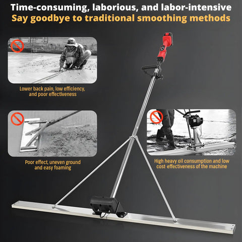 Pro Grade Cordless Concrete Screed Vibrator With 59 Inch Stainless Steel Straight Edge Board, showcasing smooth finishing efficiency.