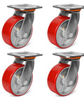 ZDNEY 5x2-inch heavy-duty caster wheels, set of 4 with red polyurethane wheels and cast-iron cores, swivel plates