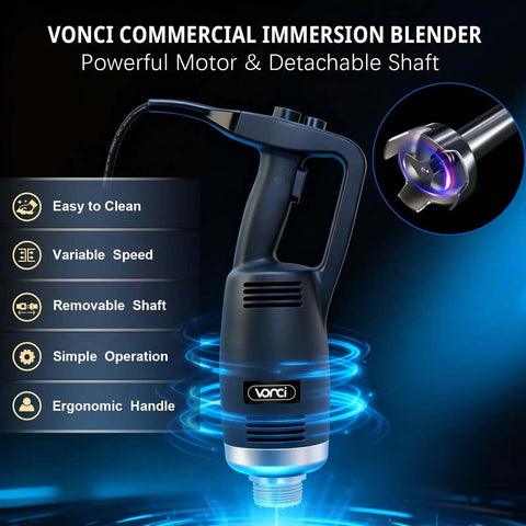 Heavy Duty Commercial Immersion Blender Kickass Kitchen Workhorse Pure Copper Motor Variable Speed Handheld Stick Mixer Professional Restaurant Grade Soup Blender For Silky Smooth Creations 20 Inch Shaft with robust ergonomic handle and detachable shaft.
