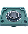 2 Inch Bore Pillow Block Bearings Set Of 2 With Square Flange Cast Iron Housing And Chrome Steel Ball Bearings, Heavy Duty Mounts For Industrial Machines And Conveyors, close-up view of square flange angle.