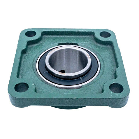 2 Inch Bore Pillow Block Bearings Set Of 2 With Square Flange Cast Iron Housing And Chrome Steel Ball Bearings, Heavy Duty Mounts For Industrial Machines And Conveyors, close-up view of square flange angle.