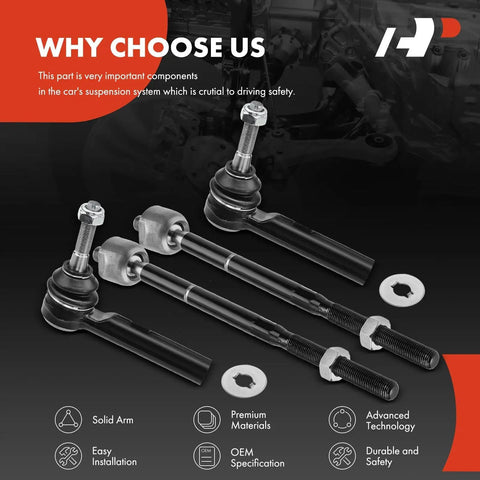 Front Inner And Outer Tie Rod End Kit For Jeep Compass 2007-2017, Patriot 2007-2017, And Dodge Caliber 2007-2012 - Tighten Up Steering, Eliminate Shake, Fix Uneven Tire Wear, Durable Replacement For Worn Suspension Components shown with 4 steel tie rod ends