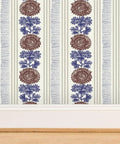 Rustic Stripes Wallpaper With Matte Linen Texture And Pvc Free Finish Heavy Duty Commercial Grade Wallcovering in blue and brown floral design.