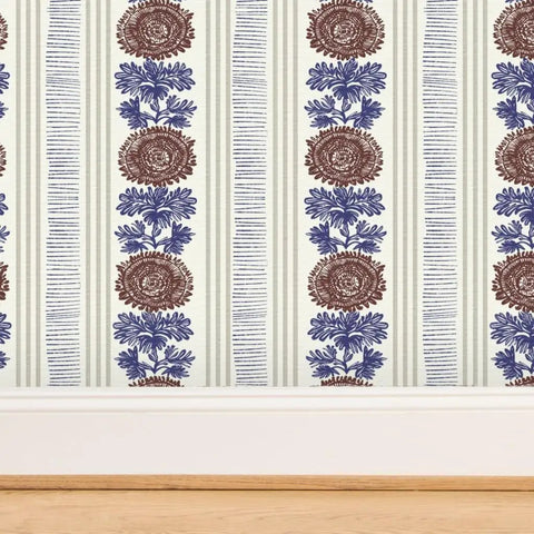 Rustic Stripes Wallpaper With Matte Linen Texture And Pvc Free Finish Heavy Duty Commercial Grade Wallcovering in blue and brown floral design.