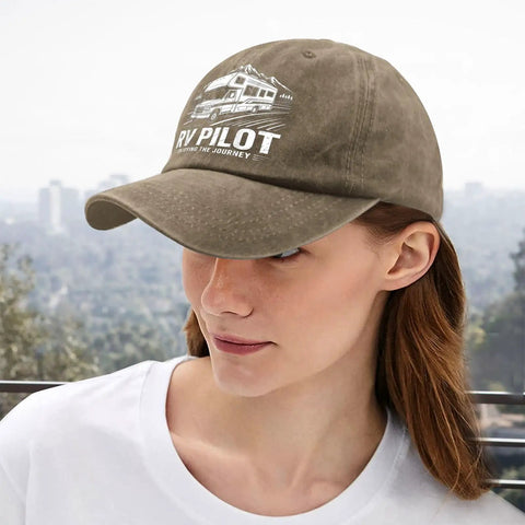 Woman wearing Funny RV Pilot Hat For Women Saying Enjoy The Journeys Camper Road Trip Vacation Cap with Adjustable Strap