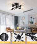 Industrial Four Light Semi Flush Mount Ceiling Light Fixture Matte Black Rustic Sputnik Chandelier in modern living room