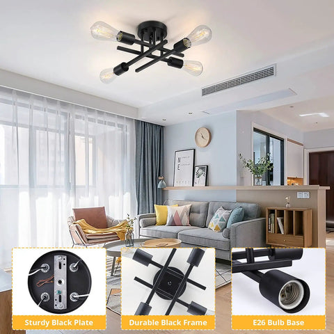 Industrial Four Light Semi Flush Mount Ceiling Light Fixture Matte Black Rustic Sputnik Chandelier in modern living room